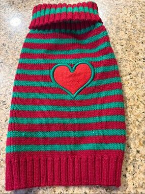 Red and Green Striped Knit Dog Sweater with Heart Patch
